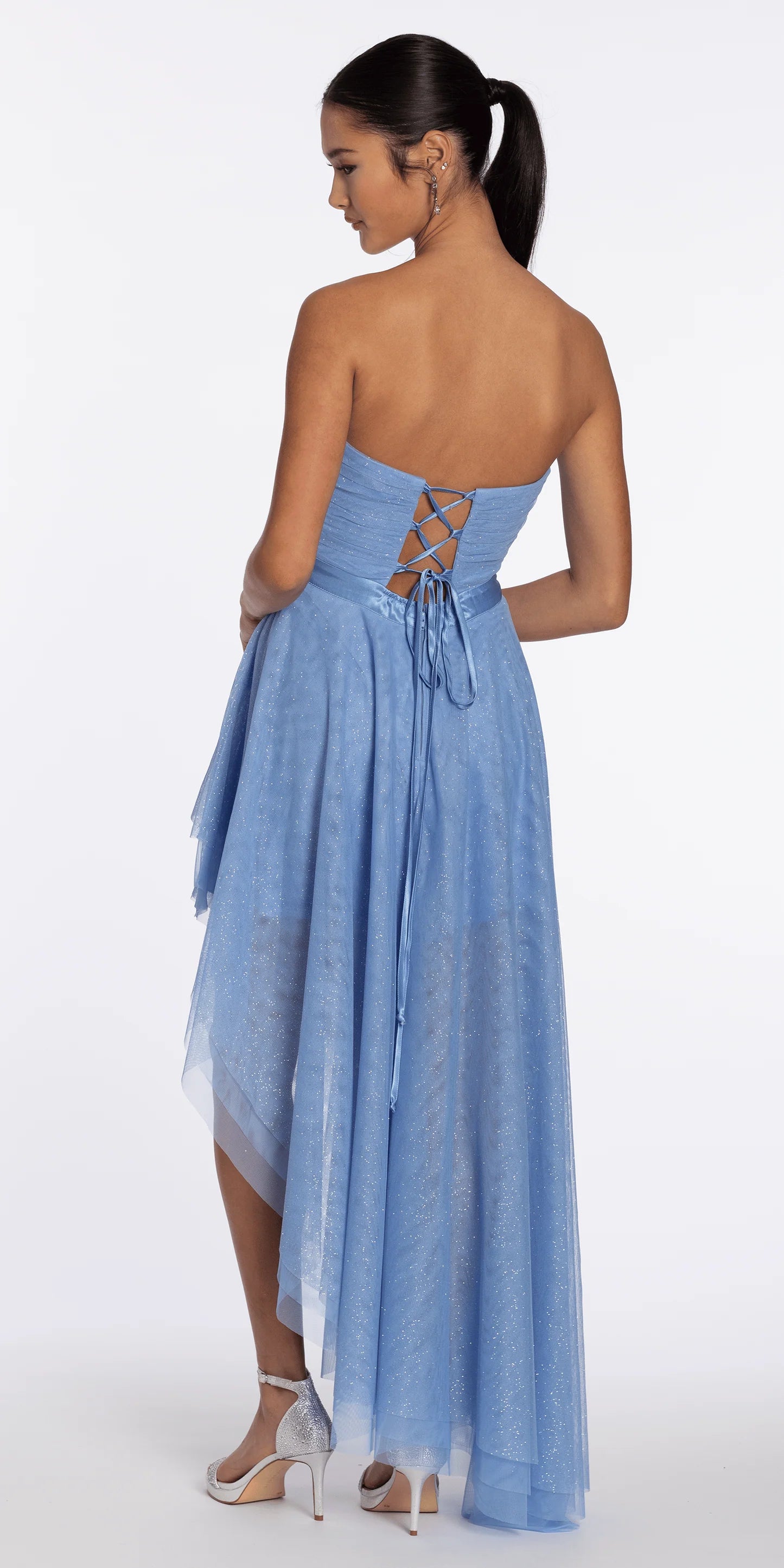 Shimmering A-Line Strapless Sleeveless Lace-Up Back High-Low Dazzling Tulle Homecoming Dresses