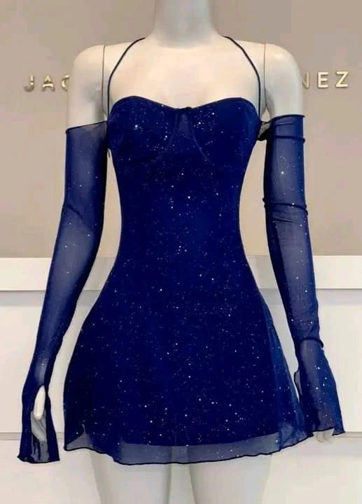 Shimmering A-Line Sweetheart Halter Open Back Short Mini Homecoming Dresses with Sheer Sleeves
