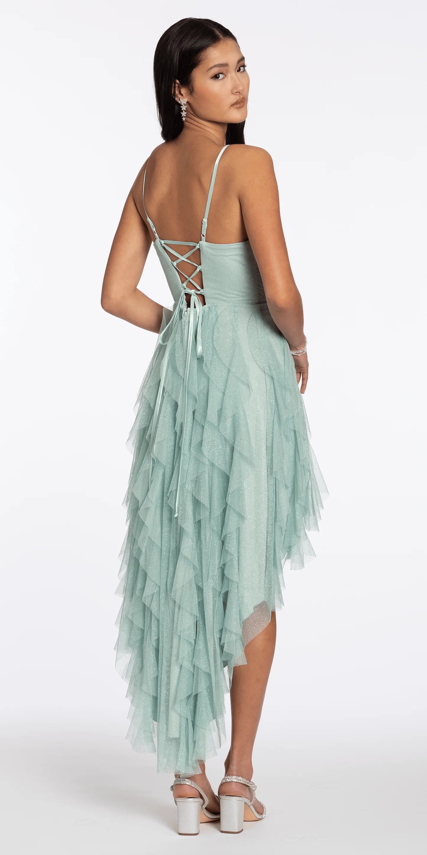 Shimmering A-Line Sweetheart Spaghetti Strap Lace-Up Back High-Low Ruffled Tulle Homecoming Dresses