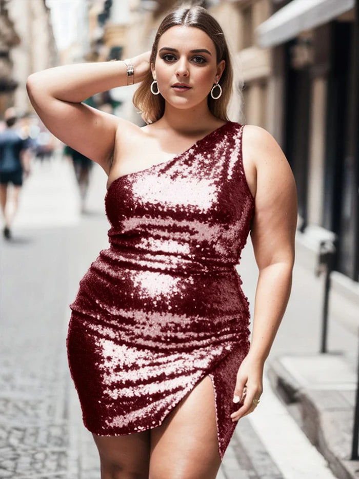 Shiny Sequin One Shoulder Bodycon Mini Homecoming Cocktail Dress.