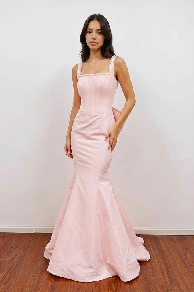 Showstopping Mermaid Prom Dress with Square Neck, Pearl Trim and Oversized Bow Back