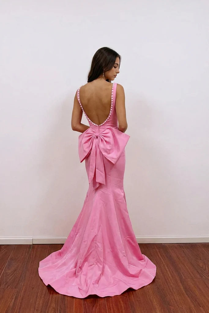 Showstopping Mermaid Prom Dress with Square Neck, Pearl Trim and Oversized Bow Back