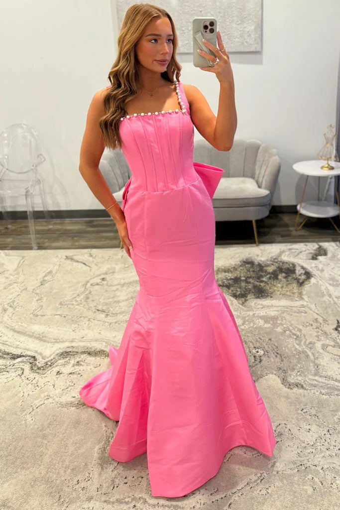 Showstopping Mermaid Prom Dress with Square Neck, Pearl Trim and Oversized Bow Back