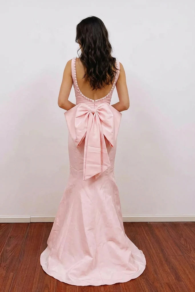 Showstopping Mermaid Prom Dress with Square Neck, Pearl Trim and Oversized Bow Back