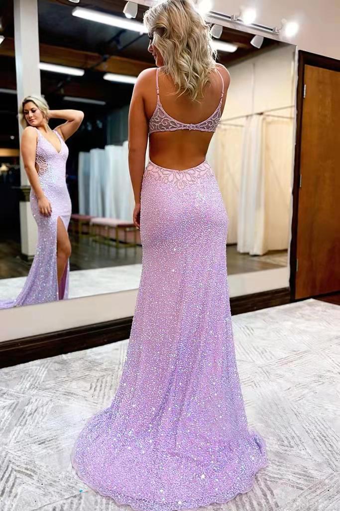 Showstopping V-Neck Sequin Mermaid Prom Dress with Lace-Up Open Back & High Slit