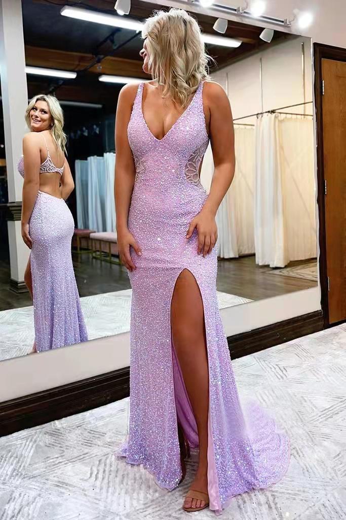 Showstopping V-Neck Sequin Mermaid Prom Dress with Lace-Up Open Back & High Slit