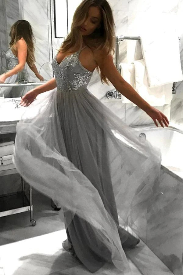 Silver Beaded Tulle Maxi Dress – Spaghetti Strap V-Neck Formal Prom Gown