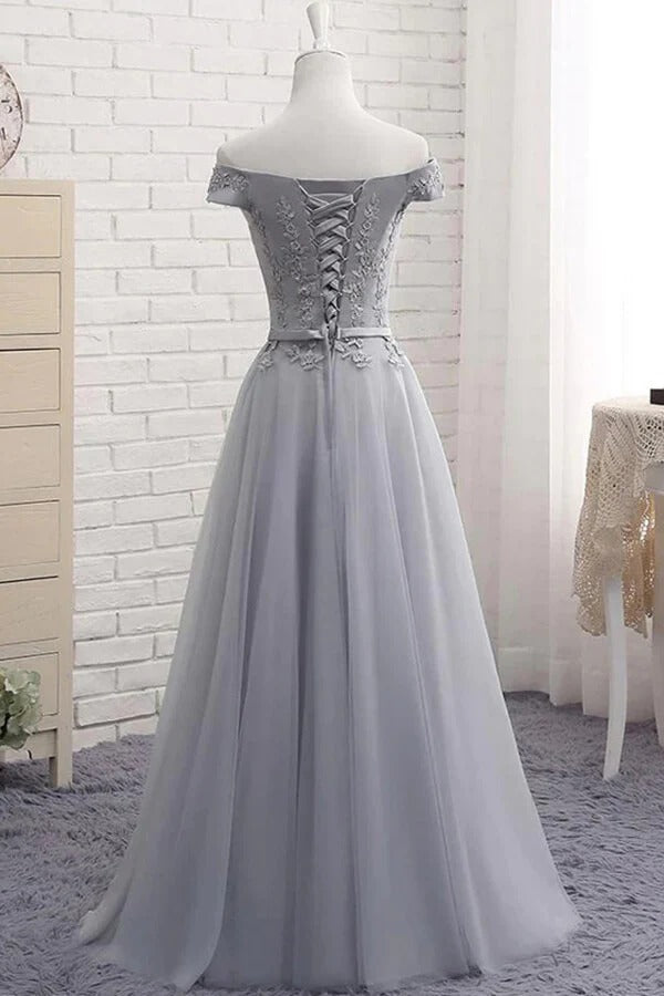 Silver Gray Off-The-Shoulder Lace Tulle A-Line Maxi Gown with Train