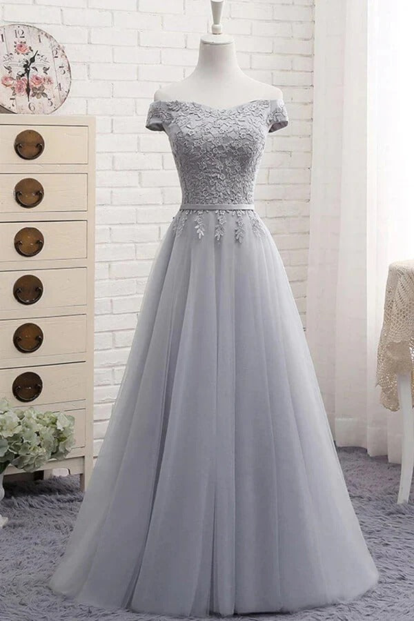 Silver Gray Off-The-Shoulder Lace Tulle A-Line Maxi Gown with Train
