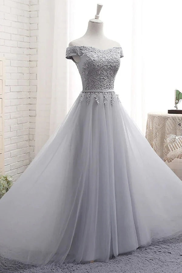 Silver Gray Off-The-Shoulder Lace Tulle A-Line Maxi Gown with Train