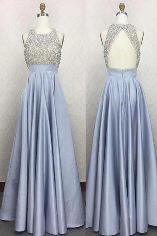 Silver Grey Beaded Halter Neck Open Back Satin A-Line Prom Maxi Gown