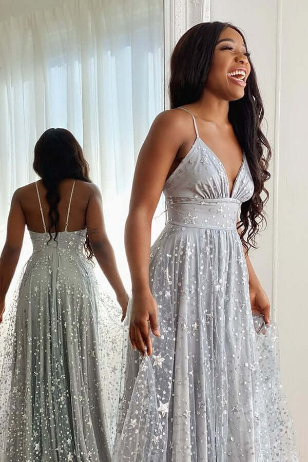 Silver Star Sequin Tulle A-Line Maxi Gown – Deep V-Neck Spaghetti Strap Prom Dress