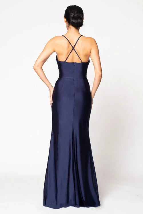 Simple A-Line Cowl Neck Cross-Back Side-Slit Satin Floor-Length Evening Dress