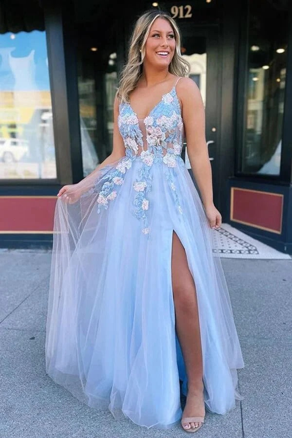 Sky Blue 3D Floral Spaghetti Strap Tulle Gown with Corset Bodice and Slit
