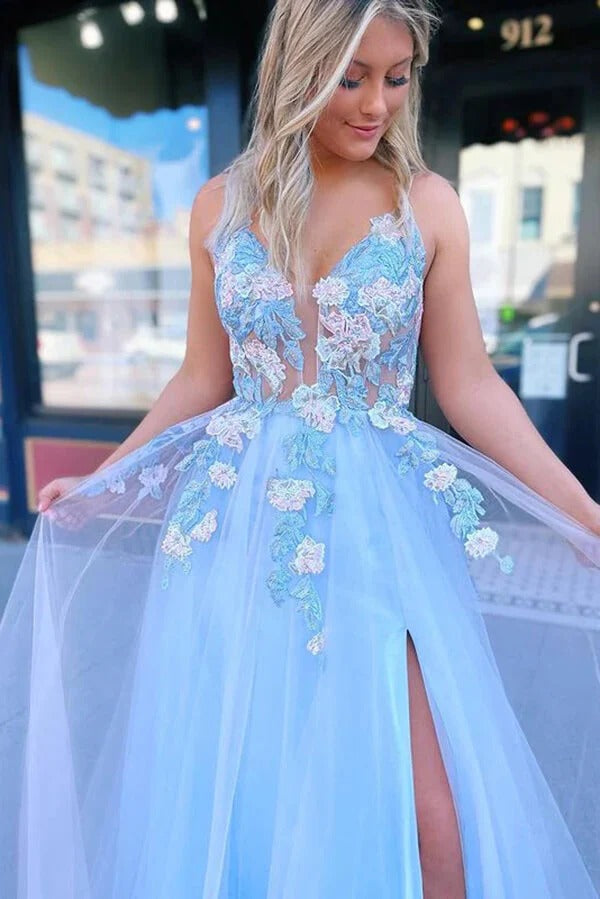 Sky Blue 3D Floral Spaghetti Strap Tulle Gown with Corset Bodice and Slit