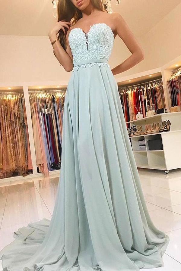 Sky Blue Chiffon Strapless Beaded Lace A-Line Gown with Train