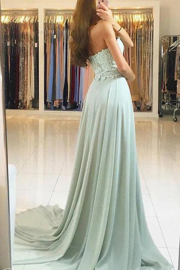 Sky Blue Chiffon Strapless Beaded Lace A-Line Gown with Train