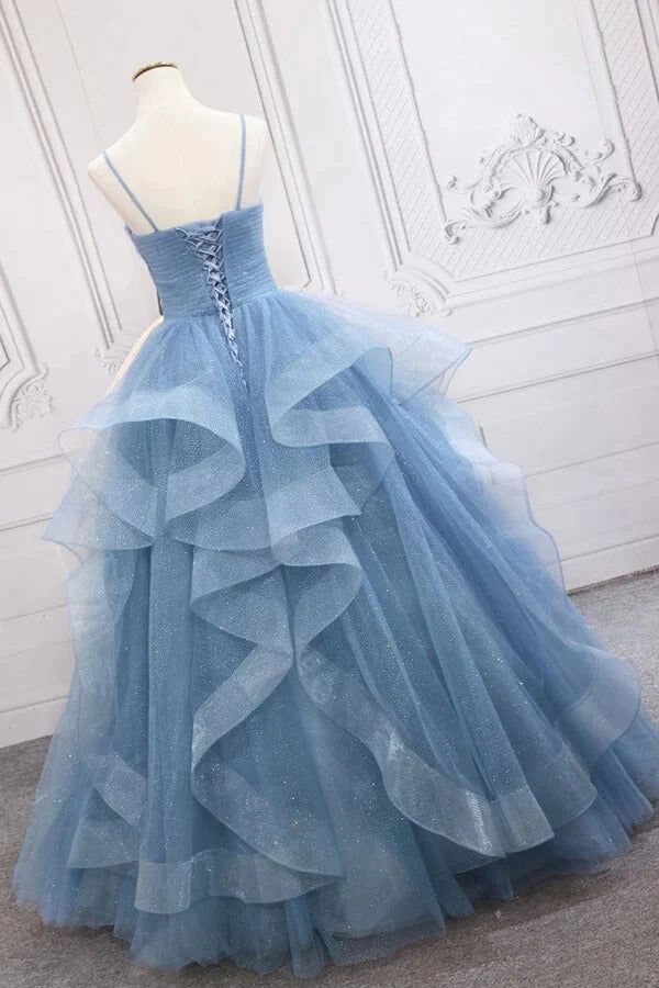 Sky Blue Glitter Tulle Ruffled Ball Gown with Lace-Up Back