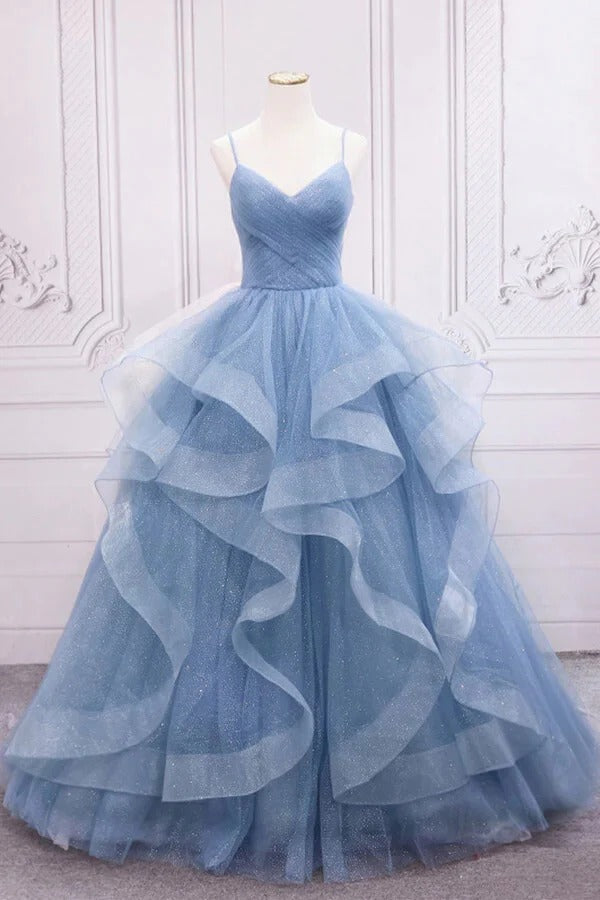 Sky Blue Glitter Tulle Ruffled Ball Gown with Lace-Up Back