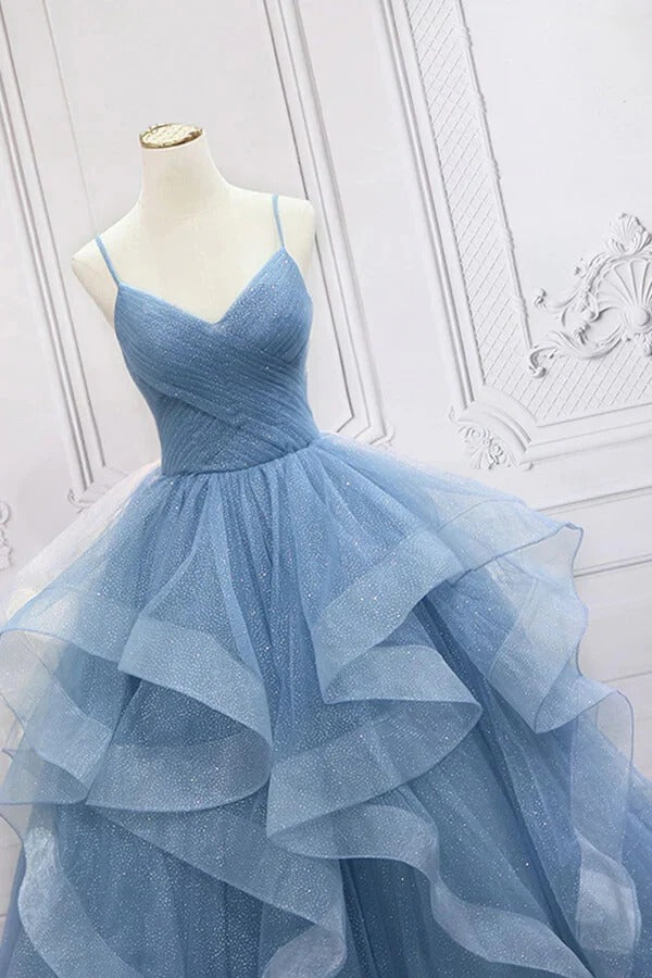 Sky Blue Glitter Tulle Ruffled Ball Gown with Lace-Up Back