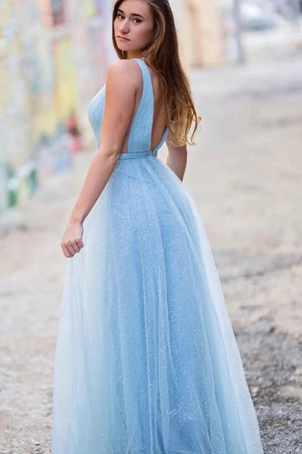 Sky Blue Halter Neck Open Back Glitter Tulle A-Line Prom Maxi Gown with Train