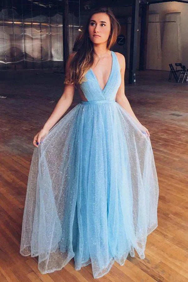 Sky Blue Halter Neck Open Back Glitter Tulle A-Line Prom Maxi Gown with Train