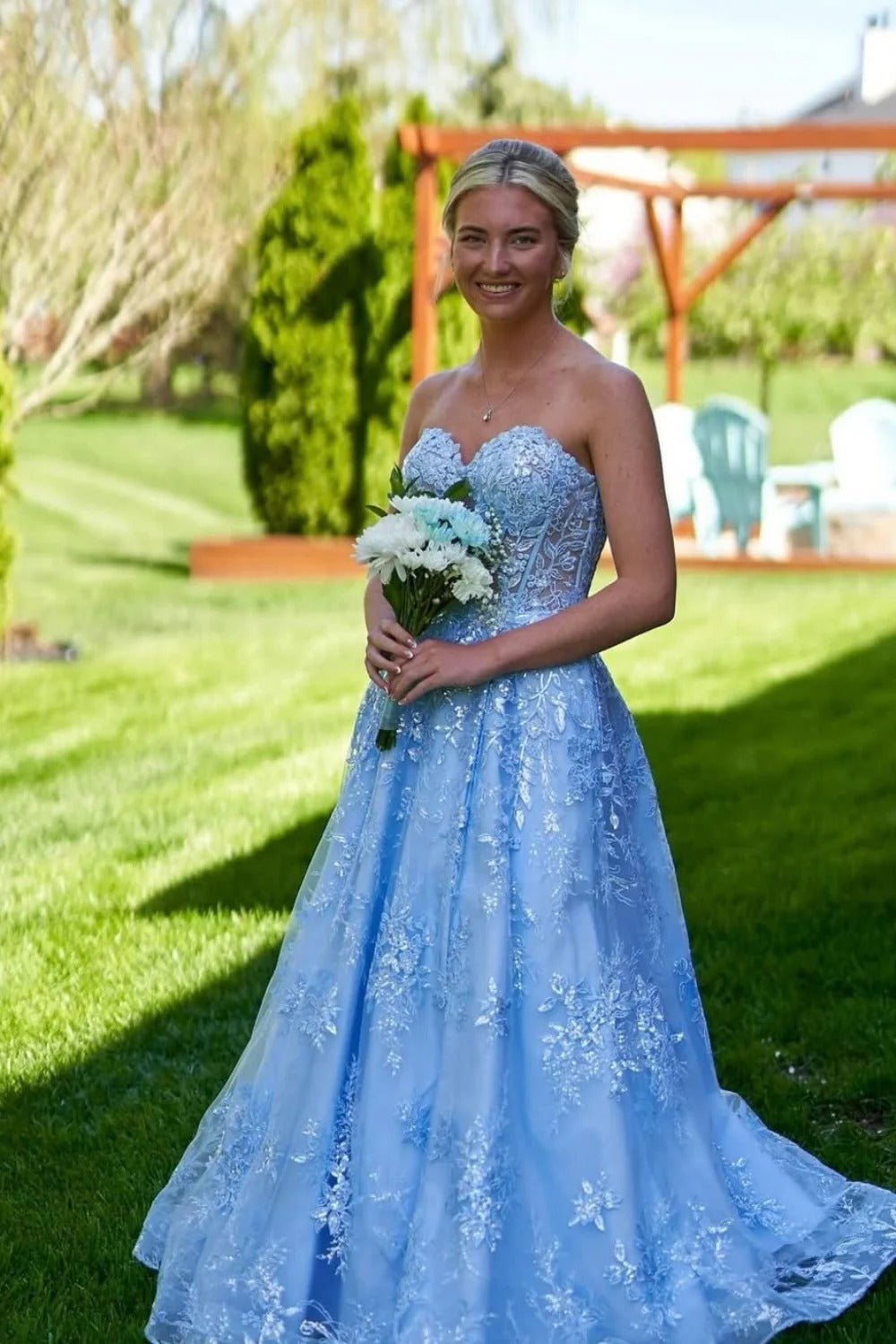 Sky Blue Lace Embroidered Ball Gown – Strapless Sweetheart Corset Prom Dress with Train