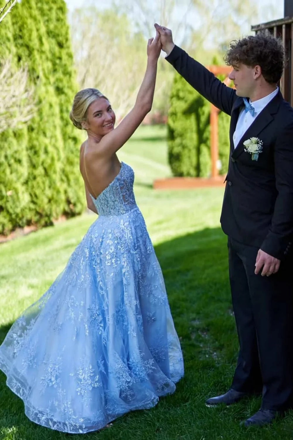 Sky Blue Lace Embroidered Ball Gown – Strapless Sweetheart Corset Prom Dress with Train