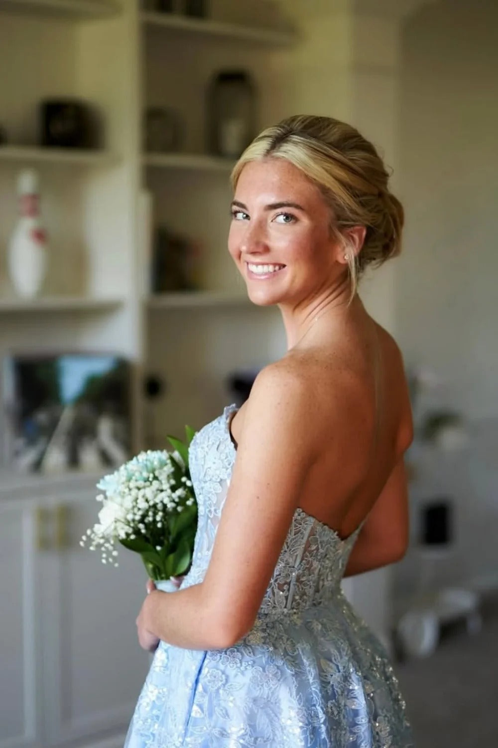Sky Blue Lace Embroidered Ball Gown – Strapless Sweetheart Corset Prom Dress with Train
