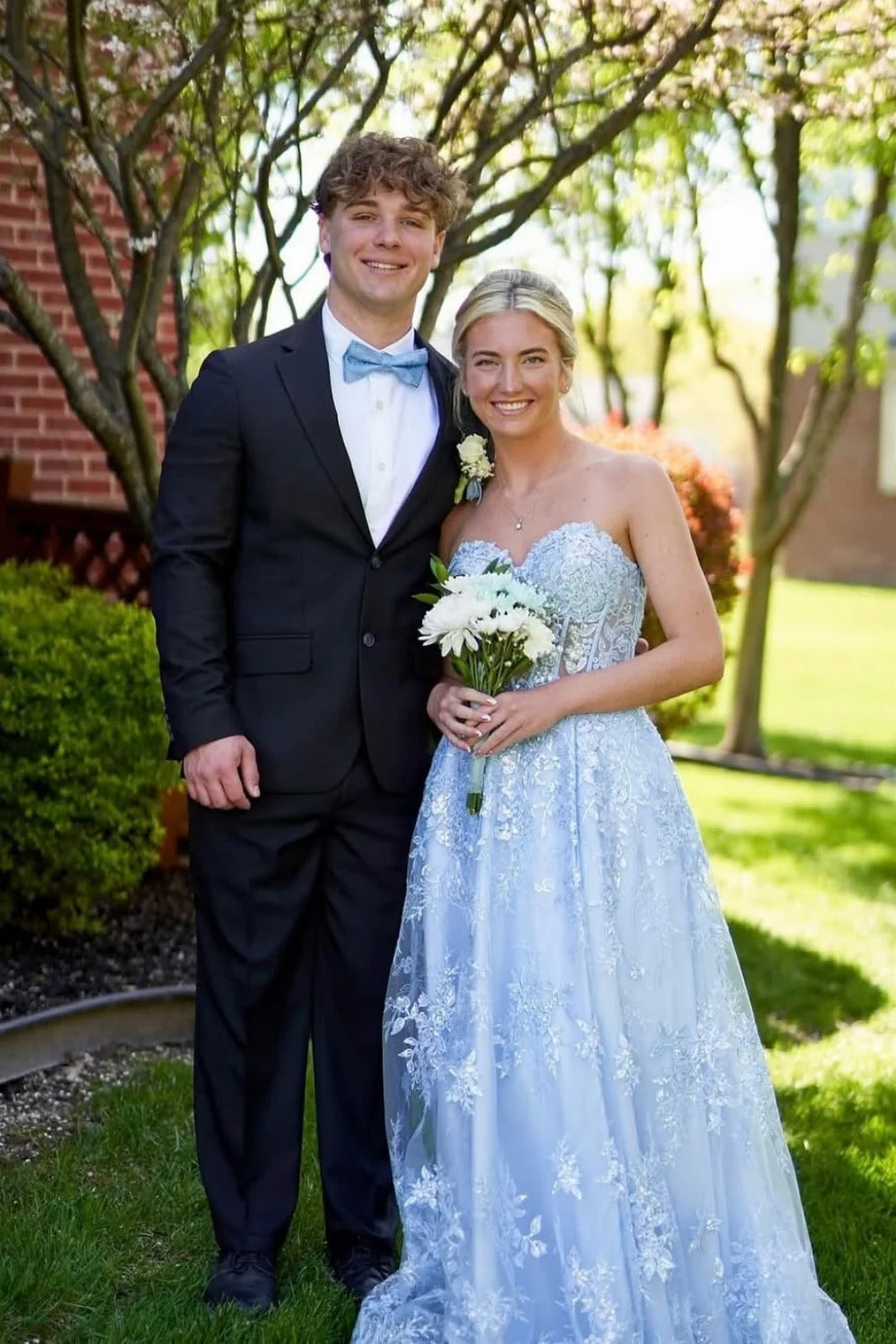Sky Blue Lace Embroidered Ball Gown – Strapless Sweetheart Corset Prom Dress with Train