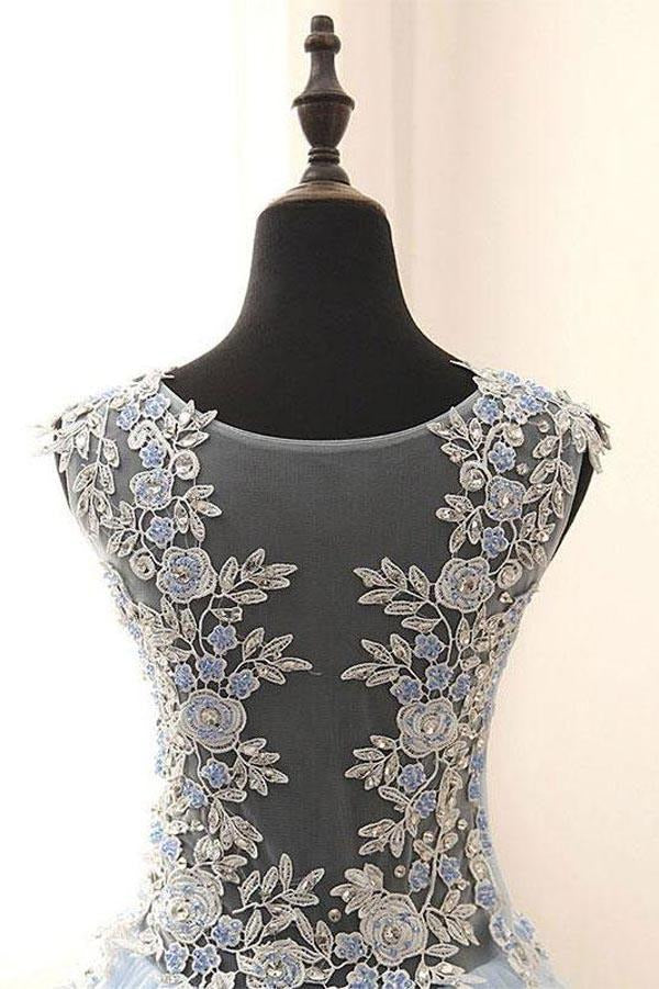Sky Blue Lace & Tulle Sheer Back Ball Gown