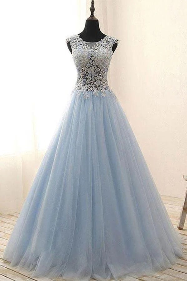 Sky Blue Lace & Tulle Sheer Back Ball Gown