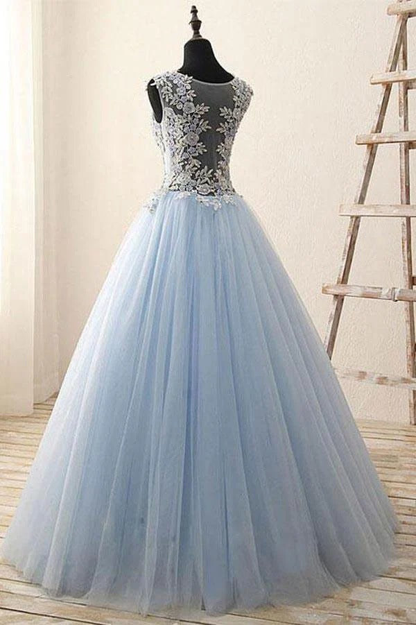 Sky Blue Lace & Tulle Sheer Back Ball Gown