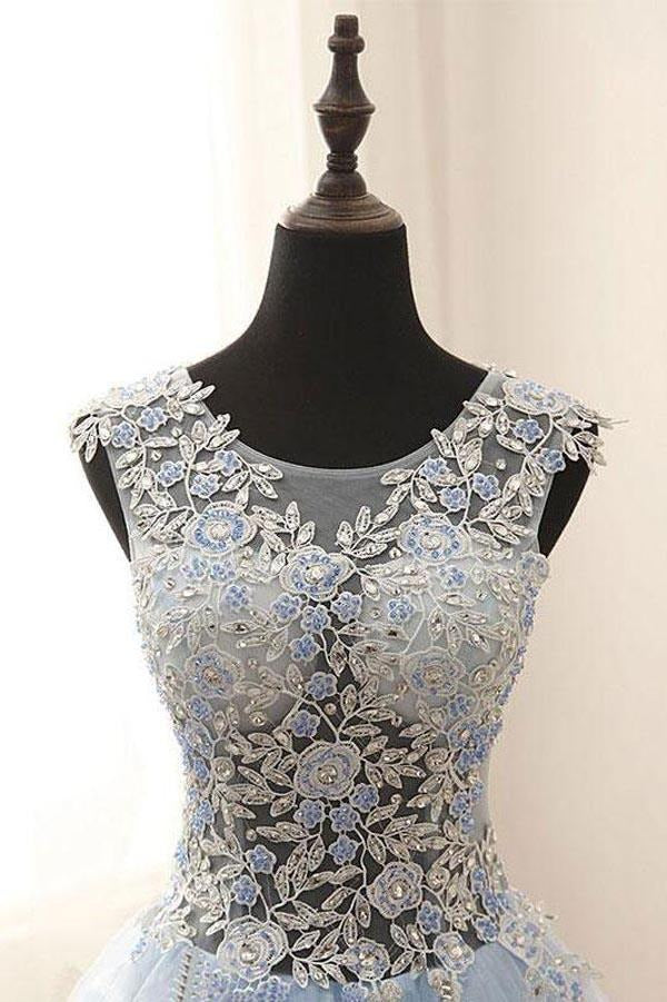 Sky Blue Lace & Tulle Sheer Back Ball Gown