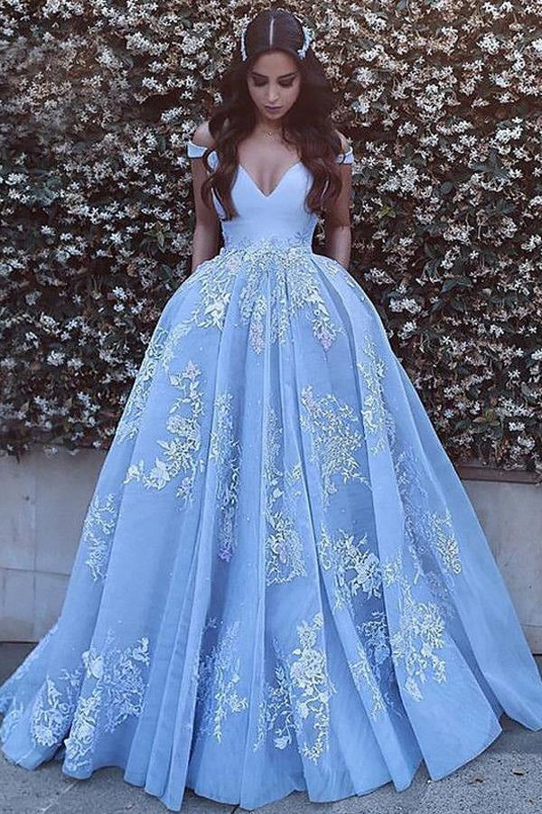 Sky Blue Off-The-Shoulder Sweetheart Lace Tulle Ball Gown with Train