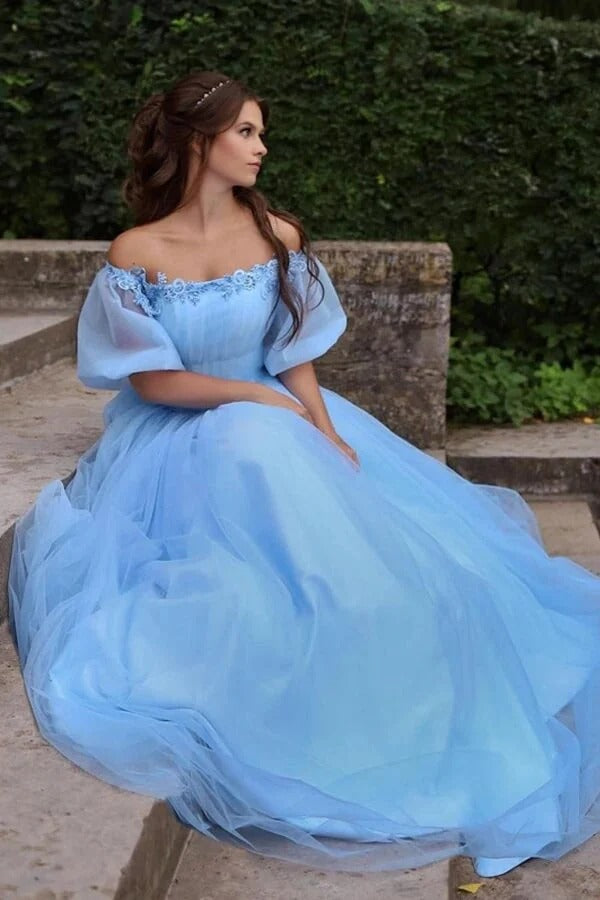 Sky Blue Off-the-Shoulder Puff Sleeve Tulle Ball Gown with Lace Appliqués