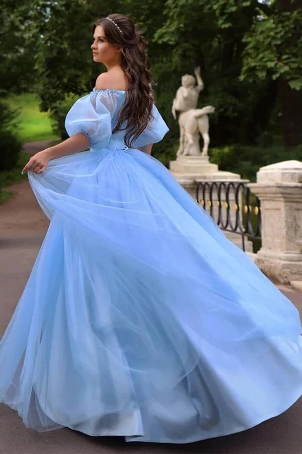 Sky Blue Off-the-Shoulder Puff Sleeve Tulle Ball Gown with Lace Appliqués