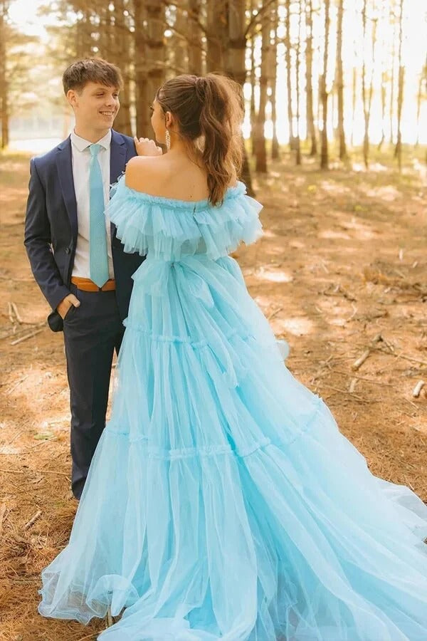 Sky Blue Off-the-Shoulder Tiered Tulle Gown with Ruffled Neckline