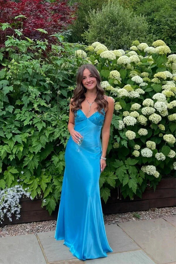 Sky Blue Satin Beaded Gown with Back Bow Cutout