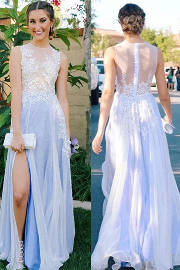 Sky Blue Sleeveless Illusion Neckline Lace Tulle Prom Maxi Gown with Slit & Train