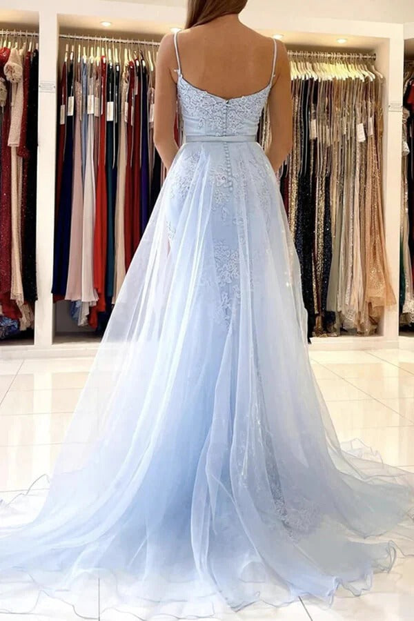 Sky Blue Spaghetti-Strap Lace Appliqué Tulle Overskirt Mermaid Maxi Dress with Train