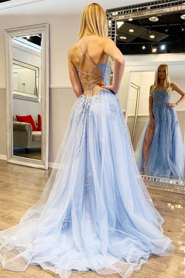 Sky Blue Spaghetti Strap Floral Lace Tulle Gown with Crisscross Lace-Up Back