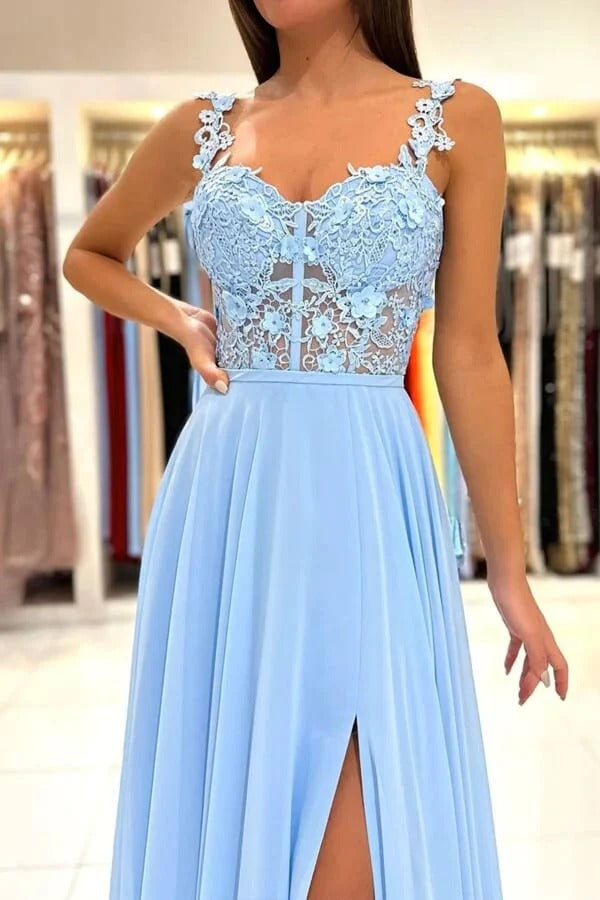 Sky Blue Spaghetti Strap Lace Open Back Chiffon A-Line Prom Maxi Gown with Slit & Train