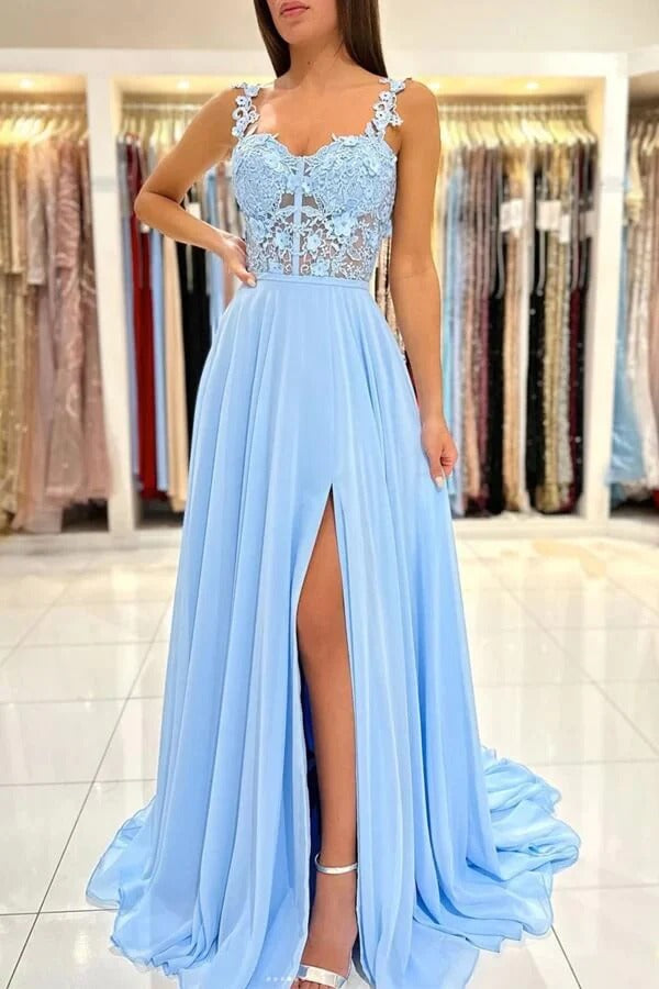 Sky Blue Spaghetti Strap Lace Open Back Chiffon A-Line Prom Maxi Gown with Slit & Train