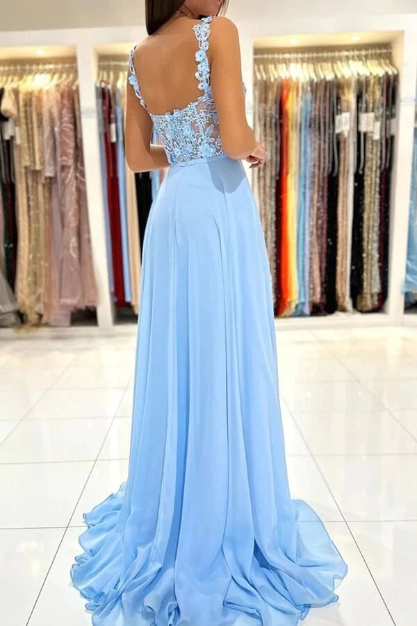 Sky Blue Spaghetti Strap Lace Open Back Chiffon A-Line Prom Maxi Gown with Slit & Train