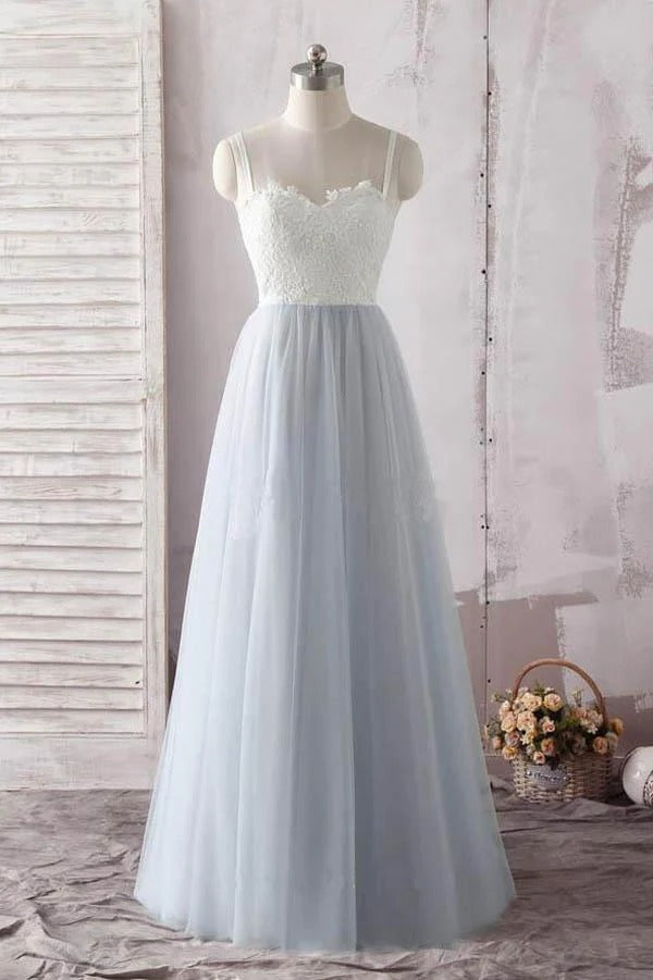 Sky Blue Spaghetti Strap Sweetheart Lace Tulle A-Line Maxi Gown