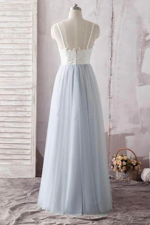 Sky Blue Spaghetti Strap Sweetheart Lace Tulle A-Line Maxi Gown