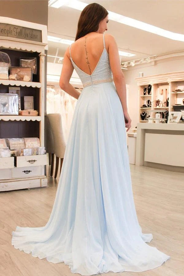 Sky Blue Spaghetti Strap V-Neck Beaded Waist Chiffon Maxi Gown with Train