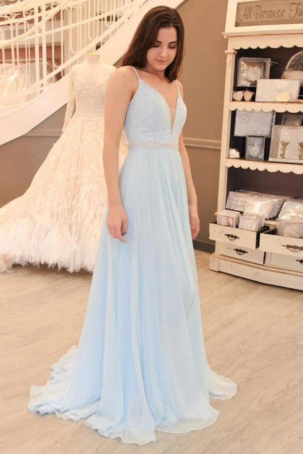 Sky Blue Spaghetti Strap V-Neck Beaded Waist Chiffon Maxi Gown with Train