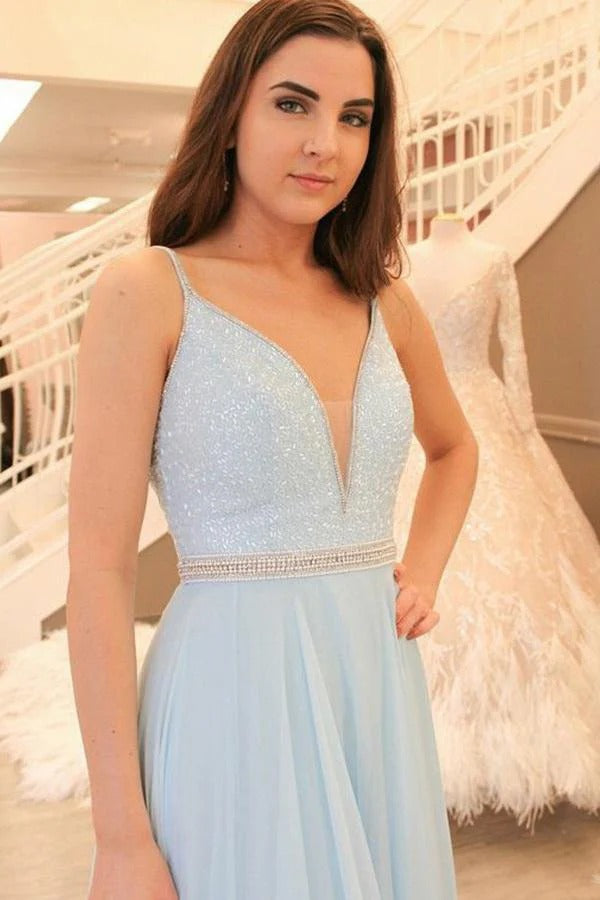 Sky Blue Spaghetti Strap V-Neck Beaded Waist Chiffon Maxi Gown with Train